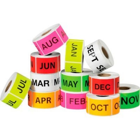 BOX PACKAGING 12 Months Of The Year Easy Order Labels, 3"L x 2"W, Assorted Colors, 12 Rolls of 500 DL1238